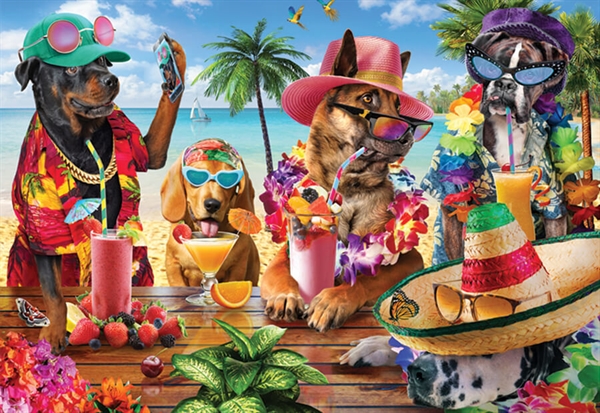 Dogs Drinking Smoothies on Tropical Beach